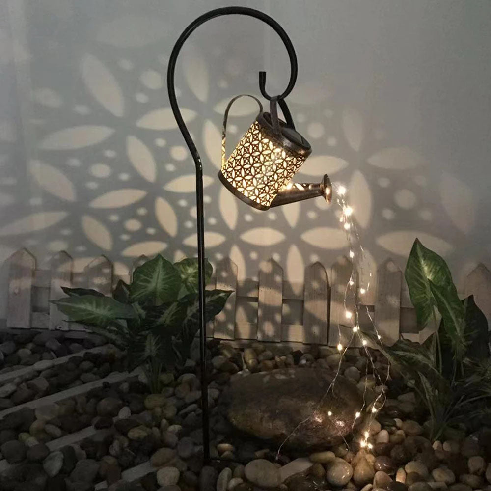 Wrought Iron Hollow Out Solar Powered Watering Can Sprinkles Lights_0